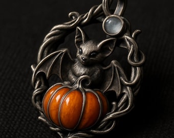 May include: A silver-toned pendant featuring a bat with outstretched wings perched above an orange pumpkin. The bat and pumpkin are framed by a twisted vine design, with a small, round, pale blue stone at the top. The pendant is set against a dark background.