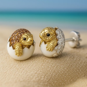 Puede incluir: Un par de pendientes con forma de tortuga. Un pendiente presenta una tortuga marrón que emerge de un huevo blanco, mientras que el otro tiene una tortuga dorada con una cáscara de huevo con diamantes. Los pendientes están sobre un fondo de playa.