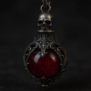 May include: A gothic-style pendant with a skull at the top and an ornate, silver-toned frame. The pendant features a large, round, deep red stone at its center. The design is intricate and detailed, with swirling patterns and a dark, mysterious aesthetic.