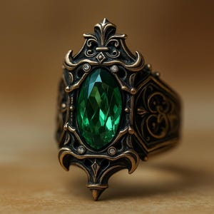 Gothic Vintage Ring, 925 Silver Antique Bronze Finish with Green Zircon, Medieval Style Statement Jewelry, Halloween Gothic Ring
