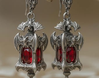 Pendientes góticos de murciélago con forma de linterna, joyería colgante de plata de ley ennegrecida con cristal rojo, regalo romántico de vampiros