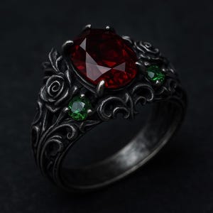 May include: A dark silver ring featuring a large, oval-cut red gemstone as the centerpiece. The ring is adorned with intricate floral and scrollwork details, and two smaller green gemstones. The design is gothic-inspired.
