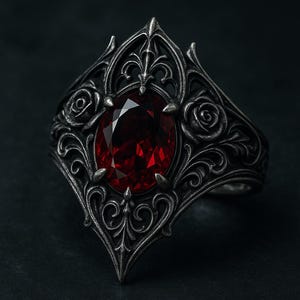 May include: A gothic-style ring with an oval, deep red gemstone set in an ornate, silver-toned metal band. The band features intricate floral and scrollwork designs, with rose details on the sides. The ring has a pointed, architectural shape.