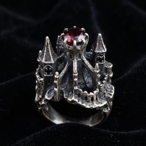 Handcrafted Gothic Castle Ring, Ruby Red Crystal Cathedral Jewelry, Medieval Architecture Statement Ring
