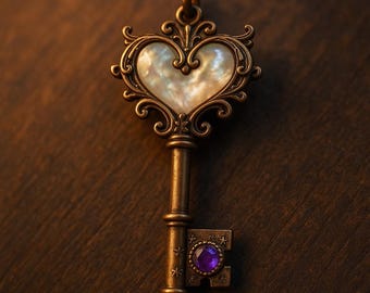 Antique Bronze Finish Heart Key Pendant Necklace with Purple CZ & Mother-of-Pearl Inlay