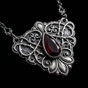 Gothic Ruby Filigree Necklace, Blackened Sterling Silver Teardrop Pendant, Victorian Vampire Jewelry
