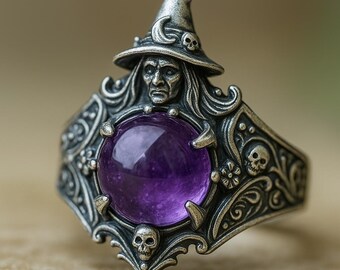 Halloween-heksenhoedring met paarse steen: vintage fantasiesieraden