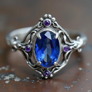 Puede incluir: Un anillo plateado con una piedra preciosa ovalada de color azul intenso como pieza central. El anillo presenta un diseño de filigrana ornamentado con tres piedras preciosas redondas moradas más pequeñas. El diseño del anillo es simétrico y detallado.