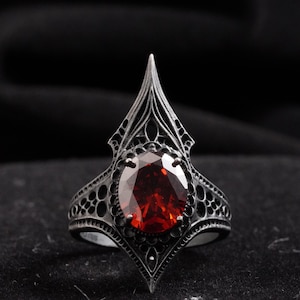 Halloween Blackened Sterling Silver Vampire Ring: Red Zircon Gothic Jewelry