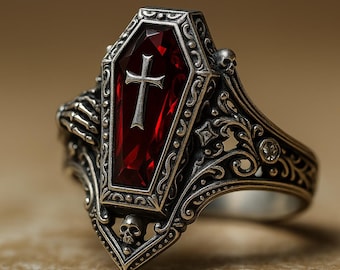 Anillo gótico de cruz de ataúd para Halloween: joyería vintage con un toque de terror