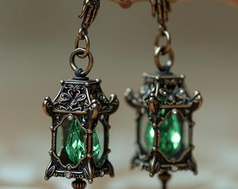 Handcrafted Halloween Gothic Lantern Earrings: Green Crystal Steampunk Witch Jewelry