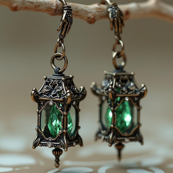 Handcrafted Halloween Gothic Lantern Earrings: Green Crystal Steampunk Witch Jewelry