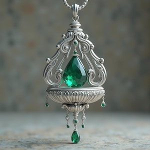 Gothic Emerald Green Zircon Teardrop Pendant: 925 Sterling Silver Vintage Necklace