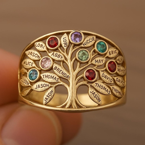 gold ring family tree ring with birthstones HOT Family Tree Rings Custom Family Tree Ring With Names Birthstones –  Gold-plated Sterling Silver Australia