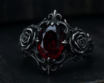 Handmade Gothic Garnet Ring: Dark Silver Filigree Rose - Victorian Jewelry