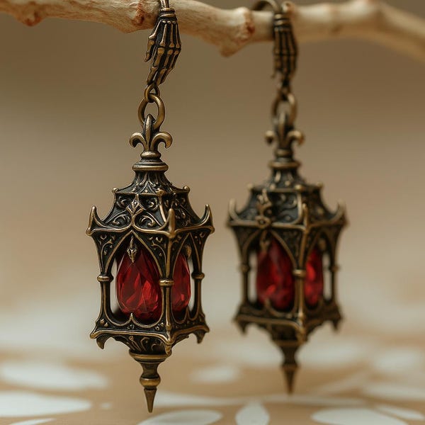 Gotische Halloween-lantaarnoorbellen: antiek brons, rode zirkoon, handhanger skelet