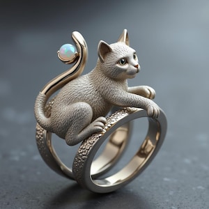 May include: A silver cat ring with a gold tail and a small opal gemstone. The cat is perched on a double band ring with textured detailing. The ring is set against a gray background.