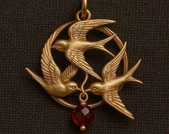 Swallows Pendant with Red Gem: Gold Plated Vintage Style Jewelry