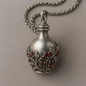 May include: A silver pendant necklace with a bottle-shaped charm. The charm is decorated with a floral design and red gemstones. The necklace has a delicate chain. The charm is approximately 4 cm in height.