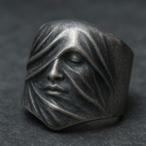 Pode incluir: Um anel prateado com um rosto esculpido parcialmente velado por tecido drapeado. O rosto tem olhos fechados e uma expressão serena. O anel tem uma banda larga e um acabamento texturizado e antigo.