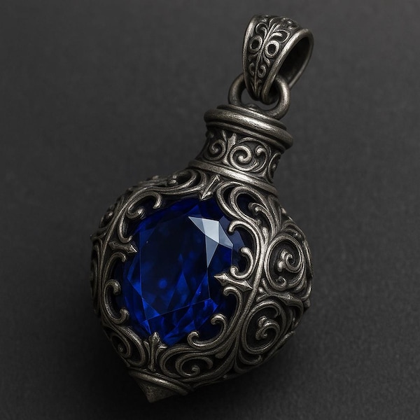 Colgante victoriano de plata con filigrana y cristal azul - Collar con medallón ornamentado