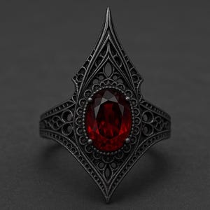 Gothic Vampire Ring, Blackened 925 Silver with Red Zircon, Halloween Jewelry, Dark Fantasy Statement Ring,  Gothic Jewelry Gift for Her