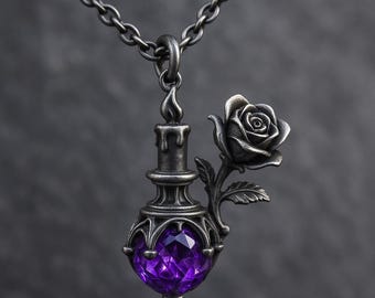 May include: A silver-toned pendant necklace featuring a candle, a rose, and a faceted purple gemstone. The candle has a flame at the top, and the rose is in full bloom. The pendant hangs from a matching chain.