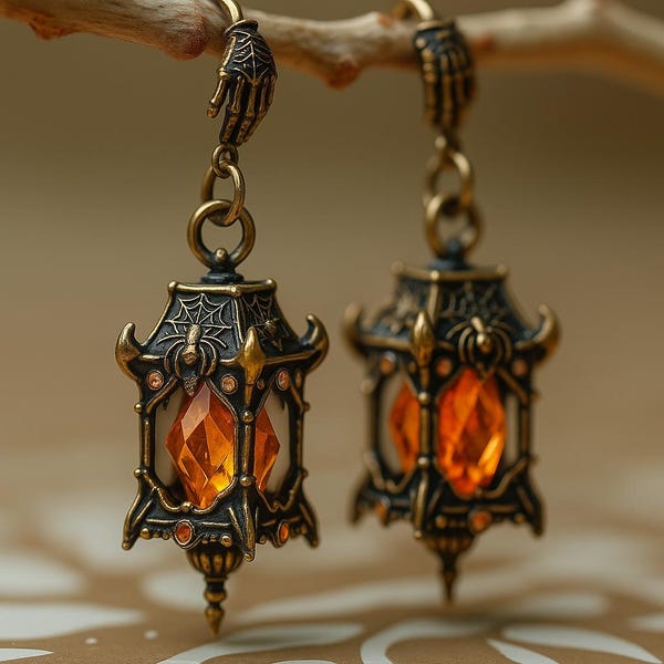 Gothic Lantern Earrings: Spider Web Halloween Dangle Jewelry