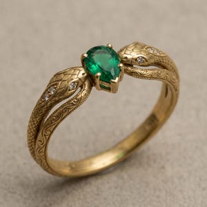 May include: Gold ring with a pear-cut emerald gemstone, held by two snake heads with textured scales and diamond details. The ring band has an engraved pattern. The design is intricate and detailed.