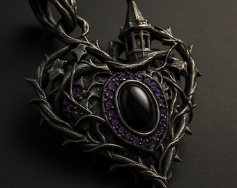 Colgante de corazón gótico de plata de ley oxidada – ónix negro y amatista