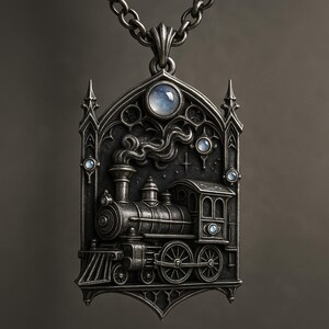 Puede incluir: Un collar con colgante plateado con un dise&ntilde;o detallado de tren dentro de un arco g&oacute;tico. El colgante tiene un tren de vapor con humo, estrellas y detalles de piedras preciosas azules. La cadena tambi&eacute;n es plateada.