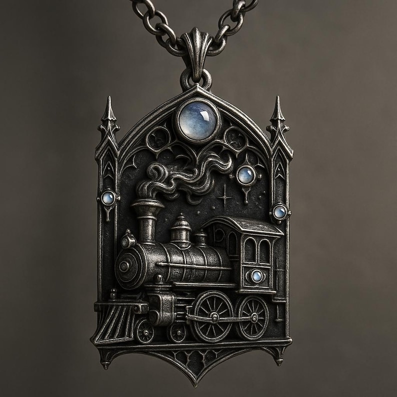 Puede incluir: Un collar con colgante plateado con un dise&ntilde;o detallado de tren dentro de un arco g&oacute;tico. El colgante tiene un tren de vapor con humo, estrellas y detalles de piedras preciosas azules. La cadena tambi&eacute;n es plateada.