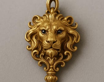 Regal Lion Head Pendant: Gold Plated Brass, Fantasy Jewelry