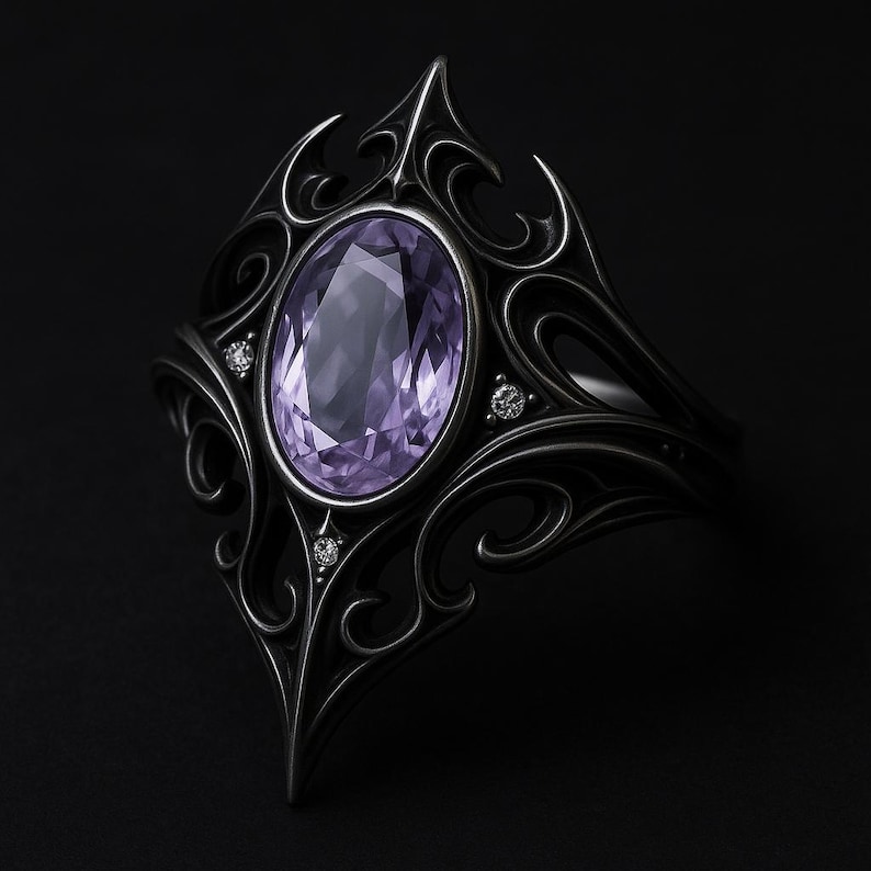 Gothic Amethyst Statement Ring – Blackened Sterling Silver Filigree, CZ ...