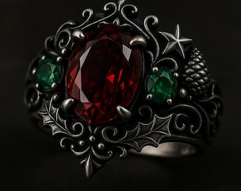 Oxidized Sterling Silver Gothic Holly Ring – Red Gemstone, Green Accents