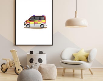Emergency medical vehicle poster, rescue service poster, emergency medical vehicle, NEF poster, children's room, children's room decor, digital file