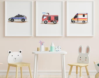 Fire brigade, rescue service, police, fire engine, ambulance, police car, HLF, RTW, fire brigade poster children's room, digital download