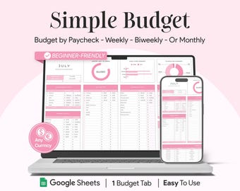 May include: A laptop and a smartphone displaying a pink and white budget spreadsheet template in Google Sheets. The template is titled "Simple Budget" and includes a "Beginner-Friendly" label. The spreadsheet is designed for budgeting by paycheck, weekly, biweekly, or monthly. The text "Google Sheets | 1 Budget Tab | Easy To Use" is displayed below the image.