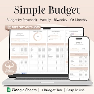 May include: A laptop and smartphone display a budget template with the text "Simple Budget." The template is designed for weekly, bi-weekly, or monthly budgeting. The image includes the text "FREE GIFT-INCLUDED" and "Instant Download."