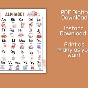 May include: An educational alphabet chart featuring illustrations for each letter, such as an apple for 'A' and a zebra for 'Z'. The chart is labeled 'ALPHABET' and includes the text 'PDF Digital Download', 'Instant Download', and 'Print as many as you want'.