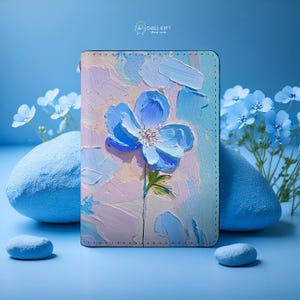CHILL GIFT Pequena exposição de arte em suas mãos Porta-cartões - Motivo Nemophila - Porta-identidade Olhos azuis bebê Pintura a óleo e acrílica Arte texturizada