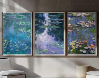 Monet-waterleliesprintset, impressionistische vintage muurkunst, ingelijst/ingelijst