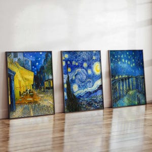 Van Gogh Drucke 3er Set | Sternenklare Nacht Wandkunst | Cafe Terrasse und Mitternachtshimmel Poster | Impressionist Galerie Dekor | Gerahmt & Ungerahmt