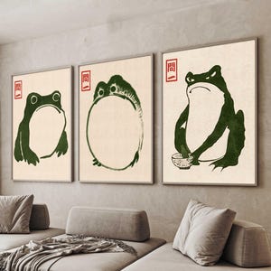 Japanese Matsumoto Hoji Frog Print Set of 3 | Vintage Japanese Frog Woodblock Art | Wabi-Sabi Wall Decor | Framed & Unframed Options