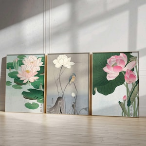 Ohara Koson Prints Set of 3 | Japanese Woodblock Art | Water Lily, Lotus & Kingfisher with Lotus | Vintage  Wall Decor | Framed and Unframed