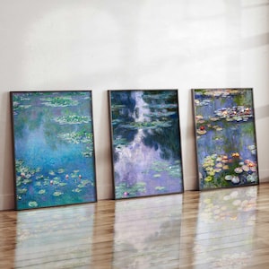 Claude Monet Prints Set of 3 | Water Lilies Art Collection | Impressionist Wall Decor | Vintage Blue Home Aesthetic | Framed & Unframed