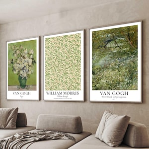 Set of 3 Vintage Green Prints | Botanical Wall Art Collection | William Morris & Van Gogh Floral Posters | Eclectic Nature-Inspired Decor