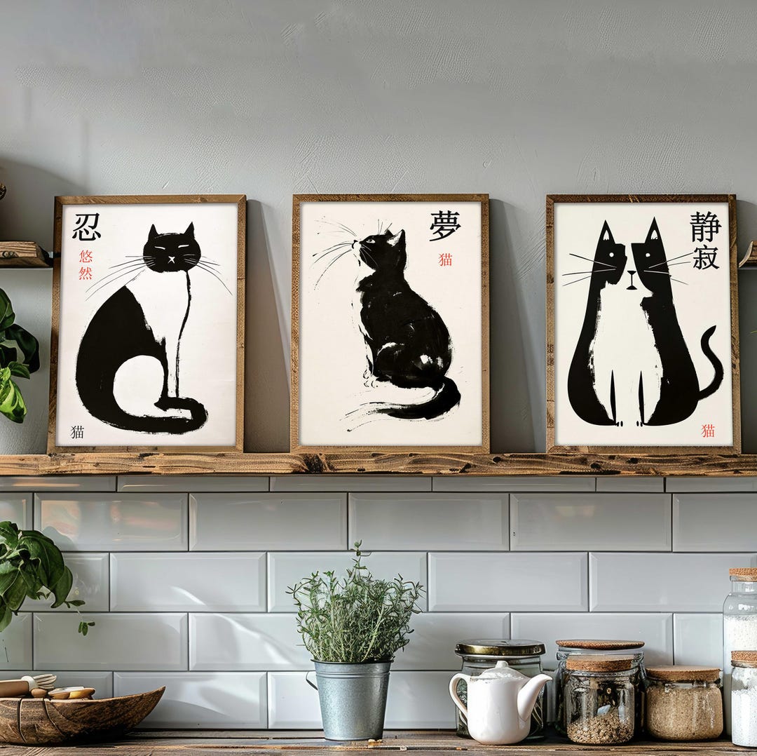 Japanese Matsumoto Hoji Cat Print Set of 3 | Vintage Cat Woodblock Art ...