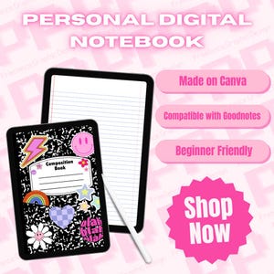 Puede incluir: Se muestran dos cuadernos digitales, uno con un diseño de cuaderno de composición y otro con papel rayado. El cuaderno de composición tiene un fondo negro con pegatinas coloridas. El texto "PERSONAL DIGITAL NOTEBOOK" está en la parte superior.