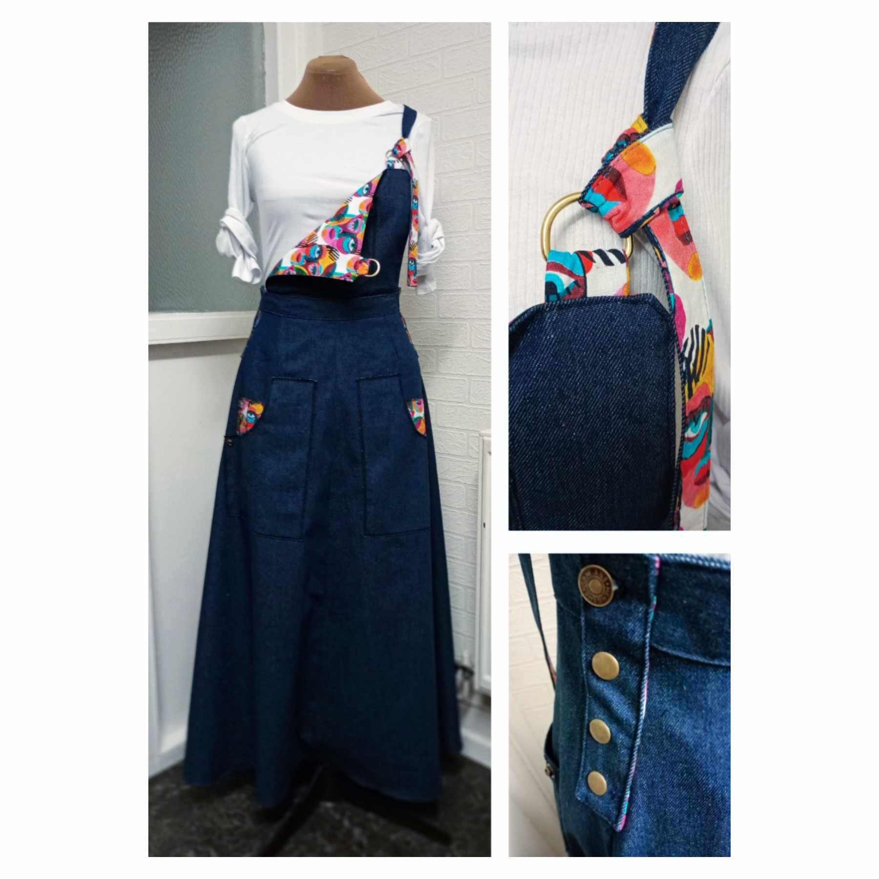white christmas dresses Seagull and Logo Print Denim Dungaree Dress – EVISU